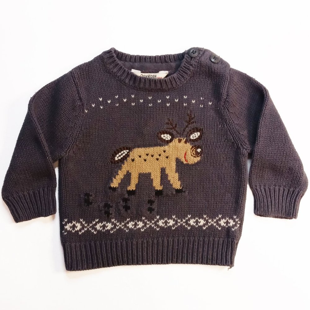 OshKosh B'gosh Knit Dark Gray Christmas Sweater With Reindeer Detail Size US 9M